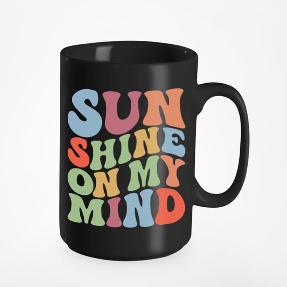 Sunshine on My Mind, Summer Season Quote, Groovy Retro Wavy Text Merch Gift, Black 15oz Ceramic Mug