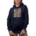 thumbnail image 1 of Sunshine on My Mind, Summer Season Quote, Groovy Retro Wavy Text Merch Gift, Navy Blue Hooded Sweatshirt or Hoodie, Large, 1 of 5