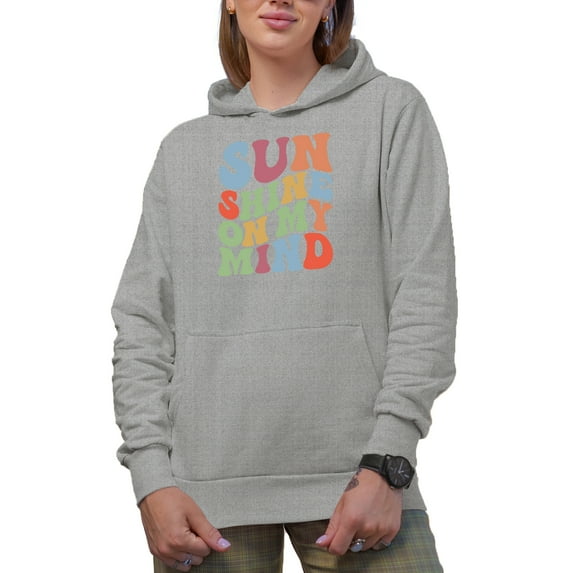 Sunshine on My Mind, Summer Themed Quote, Groovy Retro Wavy Text Merch Gift, Heather Grey Hooded Sweatshirt or Hoodie, XL