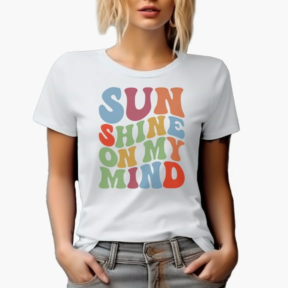 Sunshine on My Mind, Summer Themed Quote, Groovy Retro Wavy Text Merch Gift, White T-Shirt, Medium