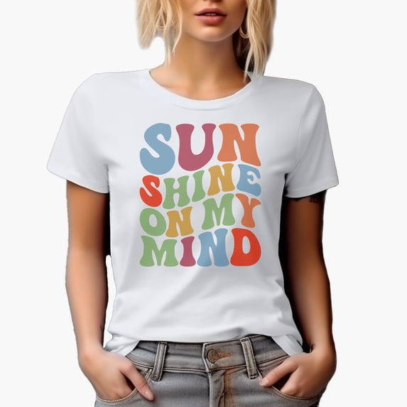 Sunshine on My Mind, Summer Themed Quote, Groovy Retro Wavy Text Merch Gift, White T-Shirt, Small