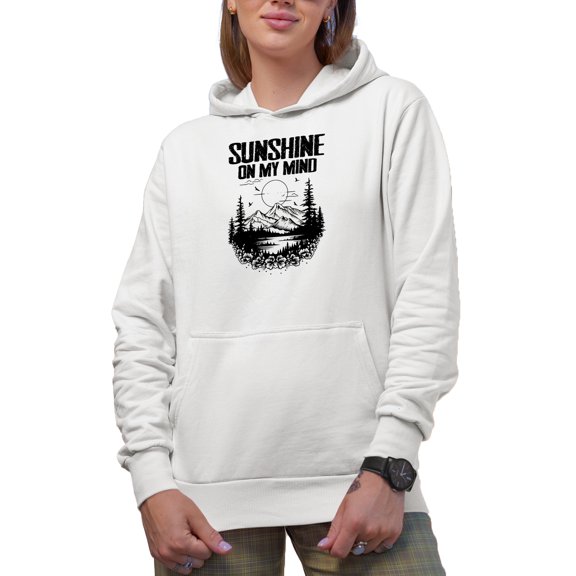 Sunshine on My Mind feat. Mountains, Lake, Pine Trees & Sun, White Hooded Sweatshirt or Hoodie, Small