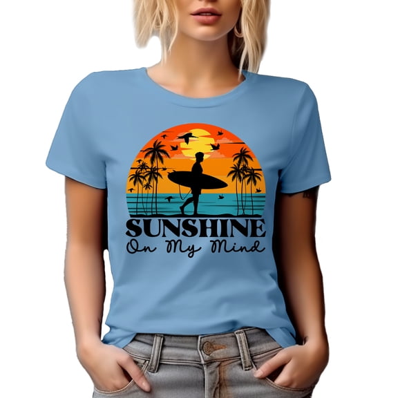 Sunshine on My Mind feat. a Surfer, Palm Trees & Ocean, Baby Blue T-Shirt, Large