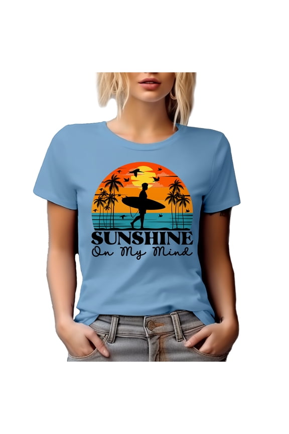 Sunshine on My Mind feat. a Surfer, Palm Trees & Ocean, Baby Blue T-Shirt, Large