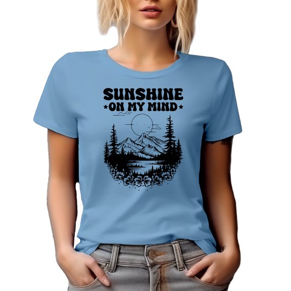 Sunshine on My Mind with Mountains, Lake, Pine Trees & Sun, Baby Blue T-Shirt, 2XL
