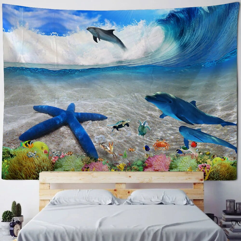 Sunshine shining on the seabed tapestry ocean wall hanging dolphin and