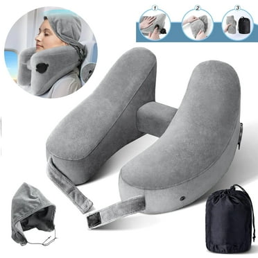 SunshineFace Neck Pillow for Travel Inflatable Airplane Pillow Comfortably Supports Head, Neck and Chin, Inflatable Travel Pillow with Soft Velour Cover and Portable Drawstring Bag (Grey)