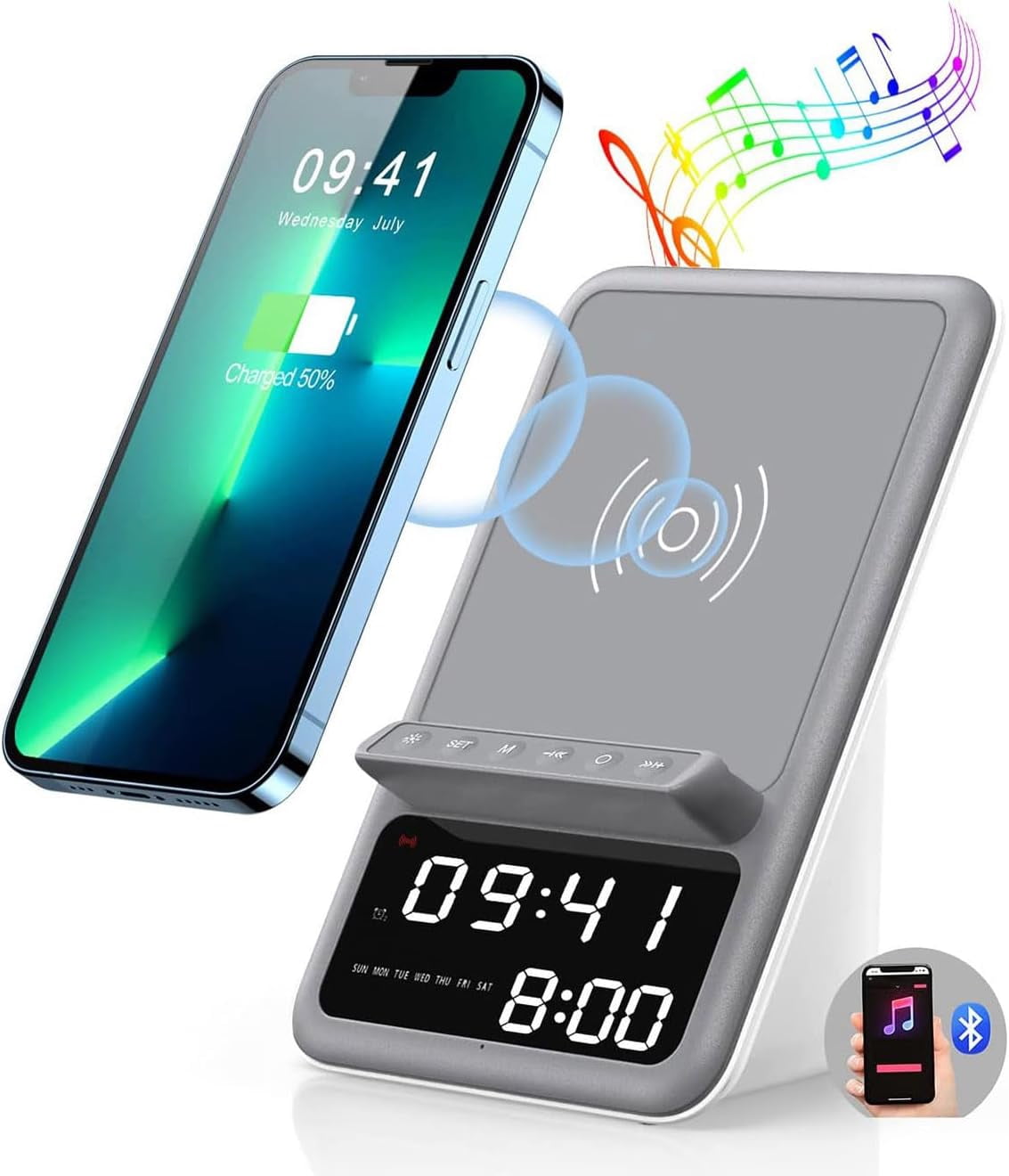 SunshineFace Speaker Alarm Clock，Wireless Charging Station with