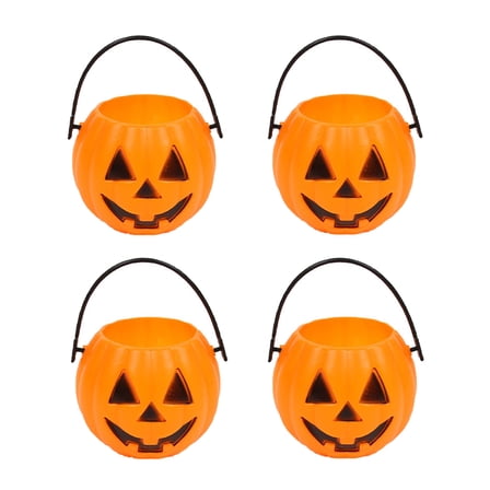 Sunshinehomely 4 Pcs Halloween Pumpkin Buckets, Plastic Pumpkin Buckets, Halloween Trick or Treat Buckets, Reusable Small Halloween Candy Buckets with Handle, Halloween Candy Holders for Party