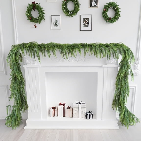 Sunshinehomely Artificial Christmas Pine Garland, Faux Pine Greenery, Evergreen Mantel Vine, 106.3 In Green Plastic for Fireplace Mantel, Entryway, Console Table, Christmas Decor
