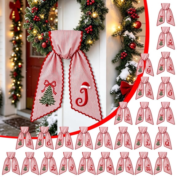 Sunshinehomely Christmas Wreath Sash Bow, Red White Striped Embroidered Letter Wreath Bow, Monogram Front Door Decor for Porch Mantel Garland and Seasonal Holiday House Decor