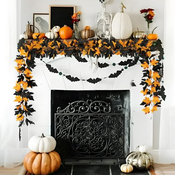 Sunshinehomely Halloween Garland, Fall Garland, Halloween Fall Maple Leaf Garland, Fall Leaves Garland, Autumn Thanksgiving Garland for Mantle Fireplace Front Porch Home Party Decor