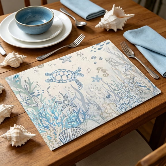 Sunshinehomely Nautical Placemats - Coastal Sea Turtle Seahorse Print Heat Resistant Table Mats for Dining Table, Summer Beach Theme Decor for Kitchen