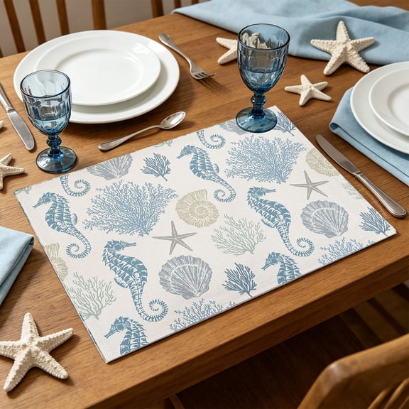 Sunshinehomely Placemats Set of 4 - Seashell Nautical Pattern Heat Resistant Table Mats for Dining Table, Summer Coastal Beach Decor for Kitchen