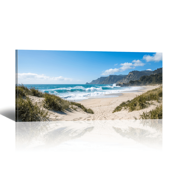 Sunshiny Beach Canvas Wall Art with Costal Range and Waves Picture Print, Nature Scene Landscape Artwork Modern Paintings for Living Room Bedroom Home Office Decor