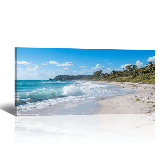 Sunshiny Beach Canvas Wall Art with Costal Range and Waves Picture Print, Nature Scene Landscape Artwork Modern Paintings for Living Room Bedroom Home Office Decor