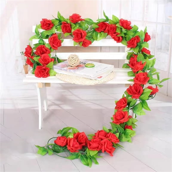 Sunshy Artificial Rose Vine, 2.3M/90.55 Inches Artificial Rose Vine Artificial Flower Flower 9 Heads Vine Indoor Living Room Water Pipe Decoration Plastic Flower Plant, Red