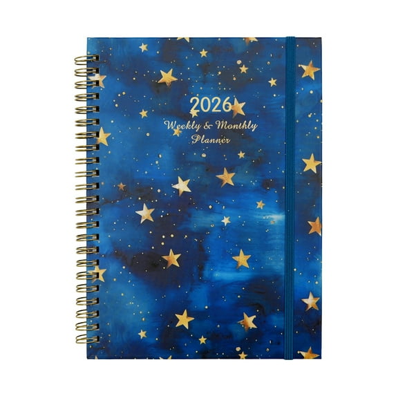 Sunshy Binder Coil Notebook Blue Stars, G, 2026 Bound Weekly Planner A5 Elastic Closure Customizable Monthly/Weekly Layout Includes Stickers 8 Cover Designs (/Business/Creative) 五点要素 (Bullet Points)