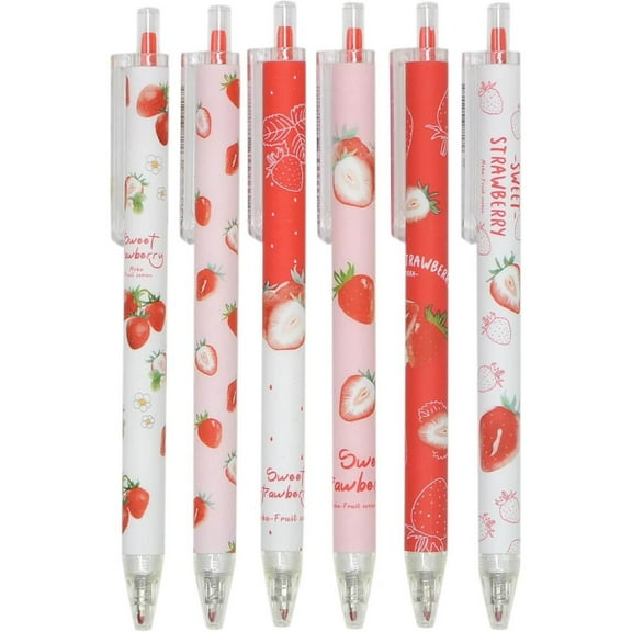 Sunshy Clearance Cute Strawberry Click Pen, Pink, 6Pcs Cute Strawberry Pens Black Gel Ink Pens Retractable 0.5mm Nice Mother's Day Fun Pen for Kīds Gīrls Bǒys 1ml