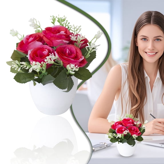 Sunshy Diy Small Artificial Flowers Potted Kit Fake Flower Realistic Silk Rose and Greenery with Vase for Gifts Table Centerpiece Mantle Office Desk Shelves Living Room Decorations, Red