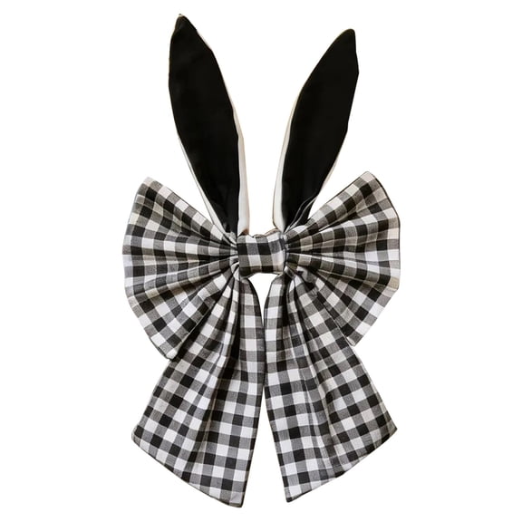 Sunshy Easter Bunny Ears Wreath Bow Rustic Buffalo Plaid Easter Bows for Tree Topper Front Door Wall Window Home Party DIY Crafts, Black 40*20 cm