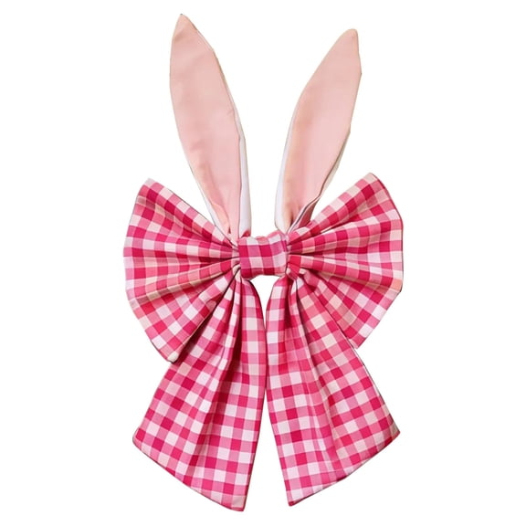 Sunshy Easter Bunny Ears Wreath Bow Rustic Buffalo Plaid Easter Bows for Tree Topper Front Door Wall Window Home Party DIY Crafts, Pink 40*20 cm