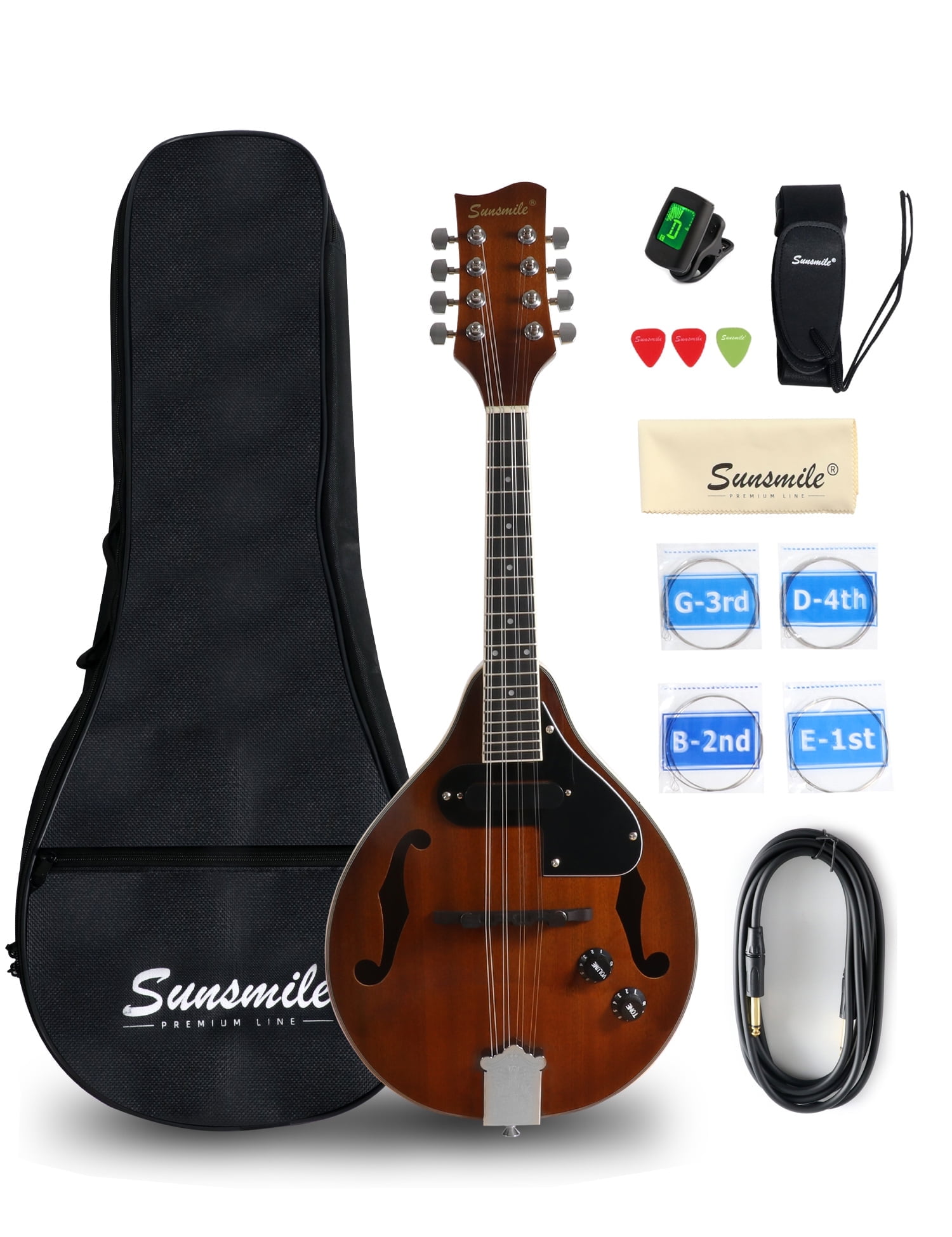 Sunsmile A-Style 8 String Acoustic-Electric Mandolin Instrument with Pickup Sapele Top Arched F Holes Body Okoume Neck Walnut Bridge with Gig Bag, Cable, Tuner, Strings, Strap, Picks and Polish Cloth