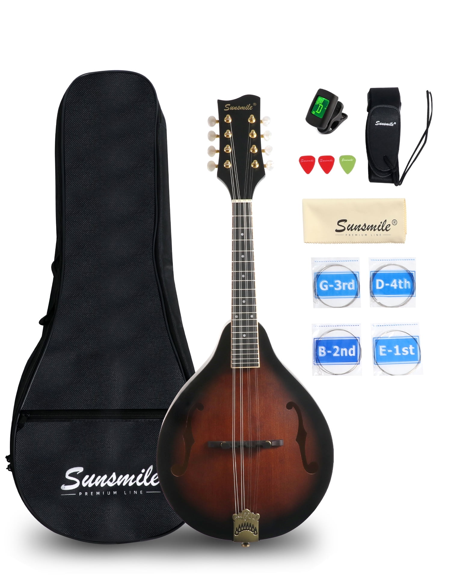 Sunsmile A-Style Acoustic Mandolin Instrument 8 String with Spruce Top Arched F Holes Body Okoume Neck Rosewood Bridge for Beginners with Gig Bag, Cable, Tuner, Strings, Strap, Picks and Polish Cloth