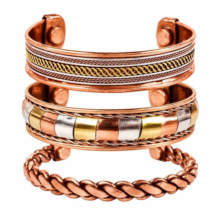 Sunsoul Copper Brass Yoga Meditation Bracelet, 3 Metal Cuffs