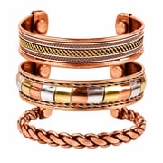 Sunsoul by Touchstone Copper magnetic bracelet Tibetan style. Hand forged with solid and high gauge pure copper. Set of 3 different designs with 3 metal shades.