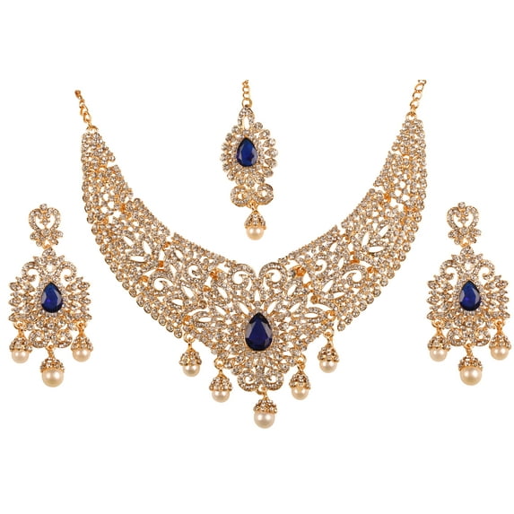 Sunsoul By Touchstone Indian Handcrafted Blue White Rhinestone Gold Tone Jewelry Necklace For Women.