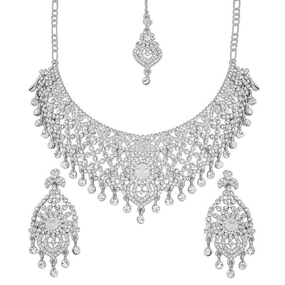 Sunsoul By Touchstone Indian Handcrafted Filigree Rhinestone Jewelry Silver Tone Necklace For Women.