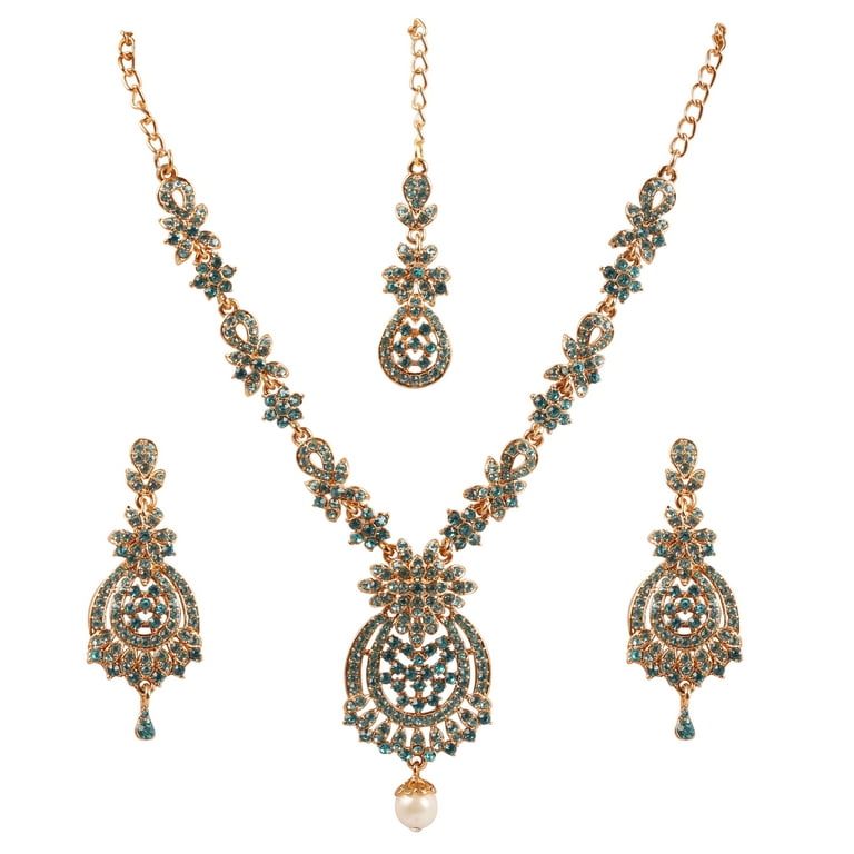 Sunsoul By Touchstone Indian Handcrafted Floral Aqua Rhinestone Gold Tone Jewelry Necklace For Women