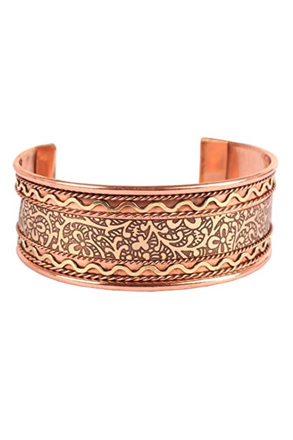 by Touchstone handcrafted copper bracelet. Hand forged with solid and high gauge Tibetan style engraved cuff pure copper jewelry for women men. Beautiful embossed design.