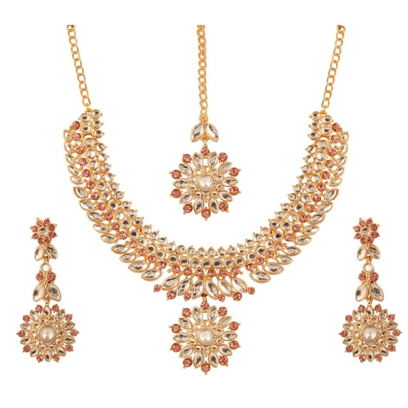 Sunsoul By Touchstone Indian Handcrafted Kundan Pink Rhinestone Jewelry Necklace For Gold Tone Women