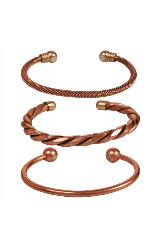 by Touchstone copper magnetic bracelet tibetan style. hand forged with solid and high gauge pure copper. set of 3 different designs in twisted pipe braided wires style.