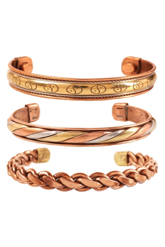 by Touchstone Copper magnetic bracelet Tibetan style. Hand forged with solid and high gauge Yin Yang Braid Inspired pure copper. Set of 3 different designs in 3 metals.