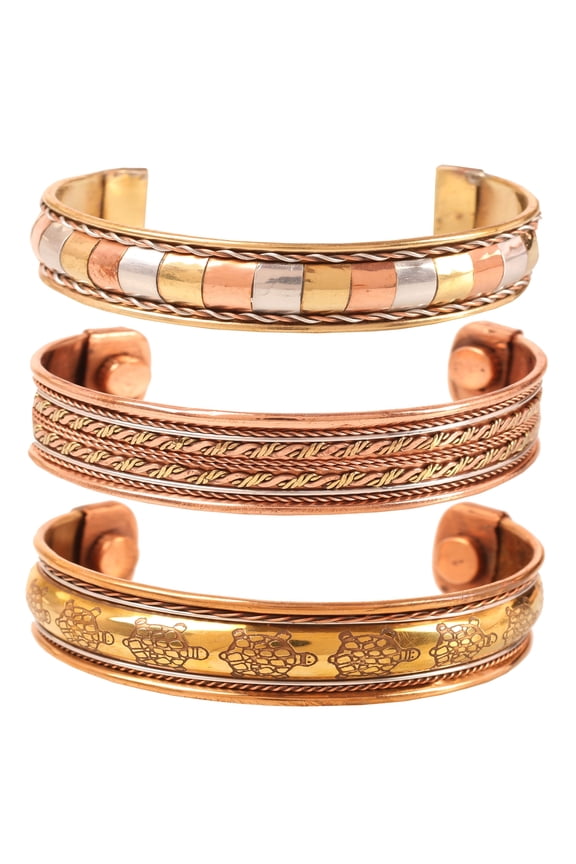by Touchstone Copper magnetic bracelet Tibetan style. Hand forged with solid and high gauge Celtic Tortoise pure copper. Set of 3 different designs in 3 metals.
