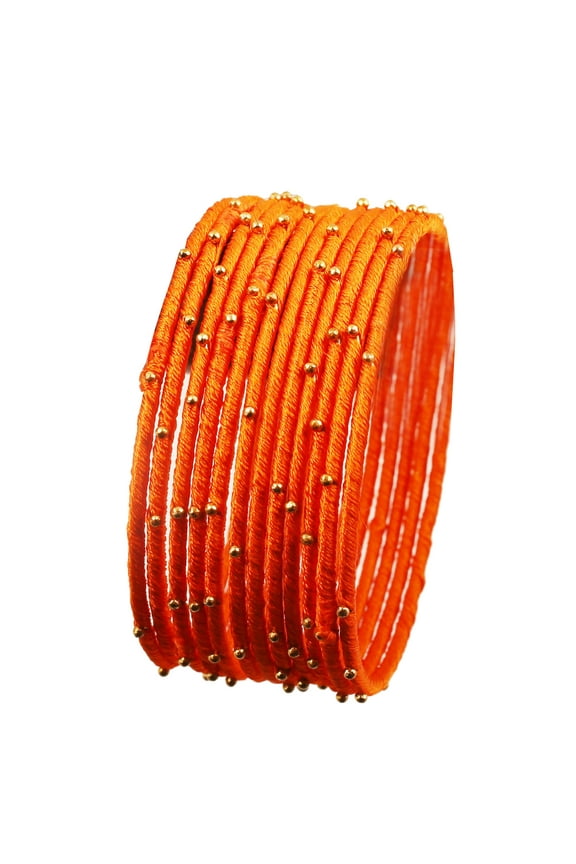 By Touchstone "Silk Thread Bangle Collection" Indian Bollywood Handcrafted Faux Silk Thread Exotic Look Golden Beads Carrot Orange Designer Bangle Bracelets Set of 12 For Women.