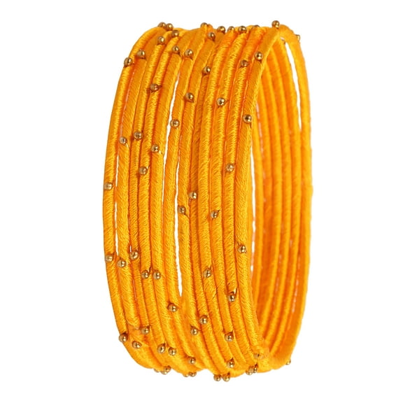Sunsoul By Touchstone "Silk Thread Bangle Collection" Indian Bollywood Handcrafted Faux Silk Thread Exotic Look with Golden Beads Turmeric Designer Bangle Bracelets Set of 12 For Women.