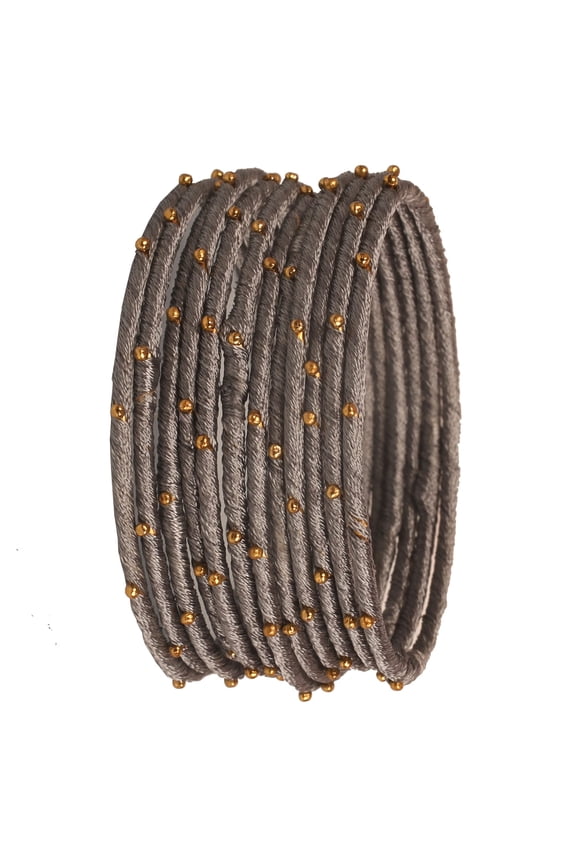 By Touchstone "Silk Thread Bangle Collection" Indian Bollywood Handcrafted Silk Thread with Golden Beads Exotic Passionate Grey Designer Bangle Bracelets Set of 12 For Women.