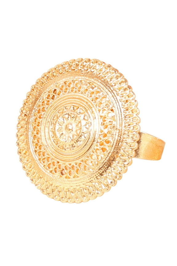 by Touchstone Bollywood Royal South India Heritage Pretty Hand Embossed Fringes Designer Wedding Jewelry Cocktail Finger Ring In Gold Tone For Women.
