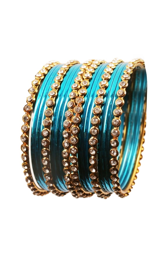 by Touchstone "Colorful Collection" Indian Bollywood Alloy Single Line Clear Rhinestone And Textured Aqua Blue Color Bangle Bracelets Set of 18 In Antique Gold Tone For Women.
