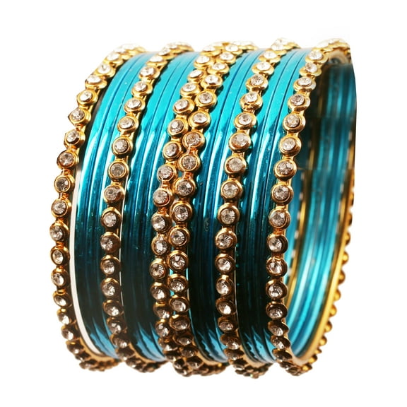 Sunsoul by Touchstone "Colorful Collection" Indian Bollywood Alloy Single Line Clear Rhinestone And Textured Aqua Blue Color Bangle Bracelets Set of 18 In Antique Gold Tone For Women.