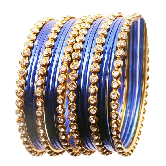 Sunsoul by Touchstone "Colorful Collection" Indian Bollywood Alloy Single Line Clear Rhinestone And Textured Royal Blue Color Bangle Bracelets Set of 18 In Antique Gold Tone For Women.