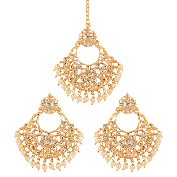 Sunsoul by Touchstone "Contemporary Kundan Collection" Indian Bollywood Grand Mughal Kundan Look Faux Pearls Hangings Chandelier Floral Designer Jewelry Earrings Mangtika Combo In Gold Tone For Women.