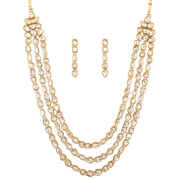 Sunsoul by Touchstone "Contemporary Kundan Collection" Indian Bollywood royal Mughal craftsmanship triple layer long Kundan polki look bridal designer jewelry necklace set for women in gold tone