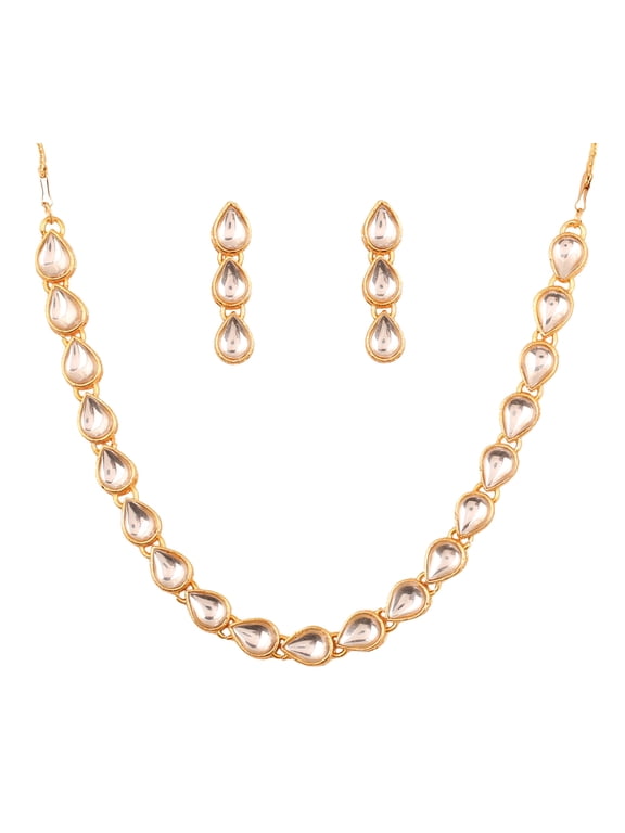 by Touchstone "Contemporary Kundan Collection" Indian Bollywood traditional Mughal Kundan polki look neutral bridal designer jewelry single line necklace set for women in gold tone