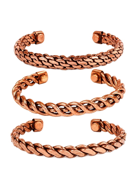 by Touchstone Copper magnetic bracelet Tibetan style. Hand forged with solid and high gauge pure copper. Set of 3 different designs in rope braid style.