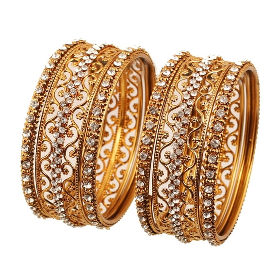 Sunsoul by Touchstone "Golden Bangle Collection" Exotic Filigree And Grain Work Clear Rhinestone Indian Bollywood Thick Thin Metal Bangle Bracelets In Antique Gold Tone For Women. Set of 6.